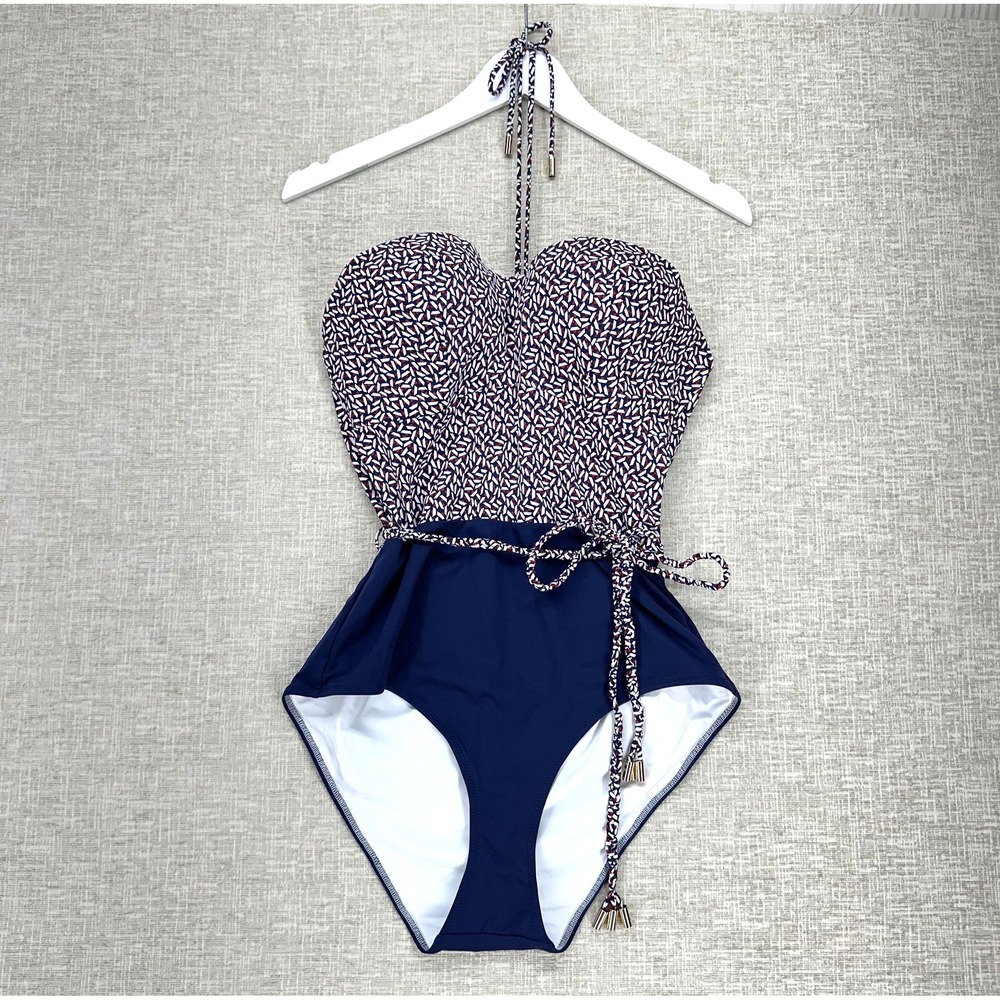 Huit‎ 8 Paris One Piece Swimsuit Womens 38D Navy Print Halter Belted Ruched